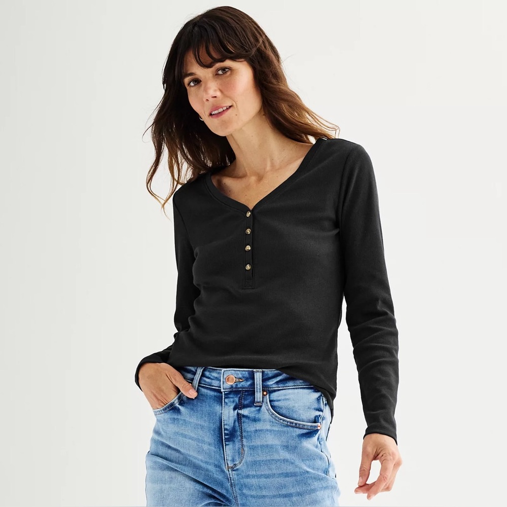 Women's Sonoma Goods For Life® Rib Long Sleeve Henley - black - size XL